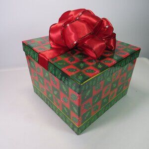 Red and Green Holly gift box w wired ribbon bow Christmas Holiday